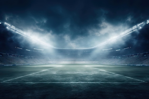 Stadion sportowy z oświetlonym tłem teksturowanym boiskiem do piłki nożnej z reflektorami w środku Symbolizuje sp