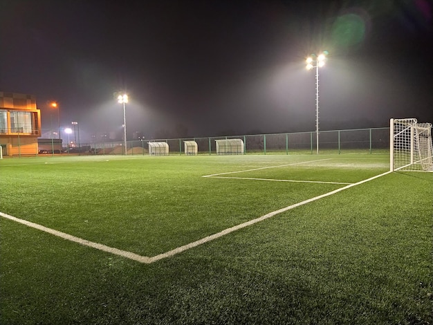 Stadion w światłach i błyskach Puste piękne boisko ze świecącymi reflektorami wieczorem lub w nocy Sztuczna murawa Efekt mgły lub dymu Bramka do piłki nożnej