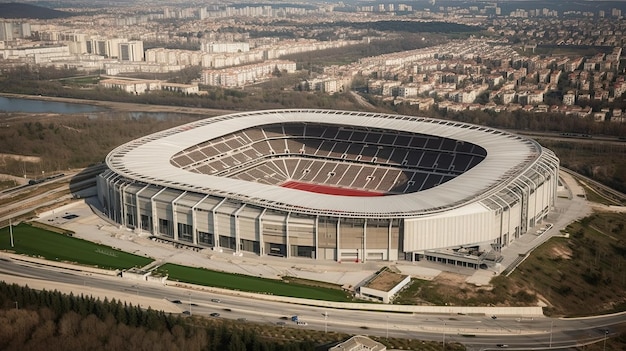 Stadion z białym dachem i czerwonym dachem.