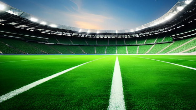 Stadion z zielonymi siedzeniami i zielony stadion z białą linią z napisem „piłka nożna”.