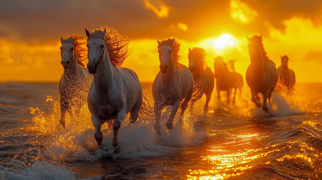 Zdjęcie stado białych koni biegających po plaży o zachodzie słońca w lecie