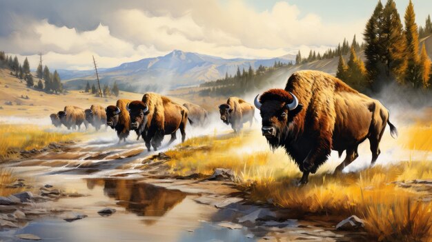 Stado bizonów jesienią w Yellowstone