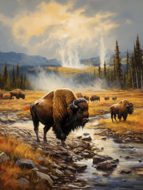 Stado bizonów jesienią w Yellowstone