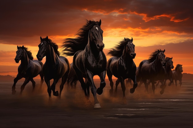 Stado czarnych koni galopujących na plaży o zachodzie słońca