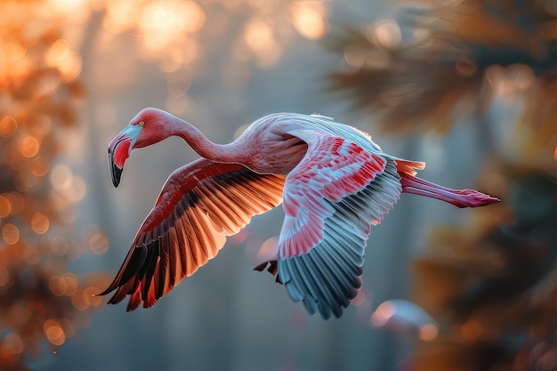 Stado flamingów w locie
