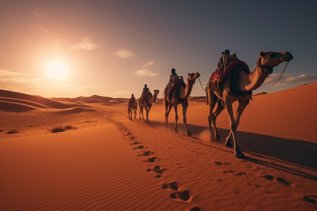 Stado jeźdźców na wielbłądach przemierzających wielką pustynię