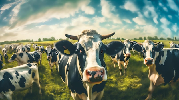 stado krów mlecznych stojących na polu Generative AI