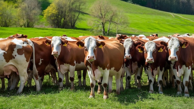 Stado krów produkujących mleko do sera gruyere we Francji wiosną