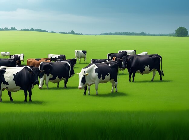 Zdjęcie stado krów stoi na polu z jednym z nich