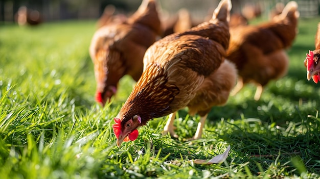 Stado kurczaków paszących się na trawie Kurczaki w tradycyjnej hodowli drobiu ekologicznej AI Generative