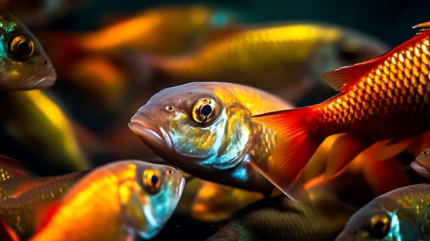 Zdjęcie stado małych ryb i małe ryby drapieżne z amazonii w poszukiwaniu pożywienia ai generative