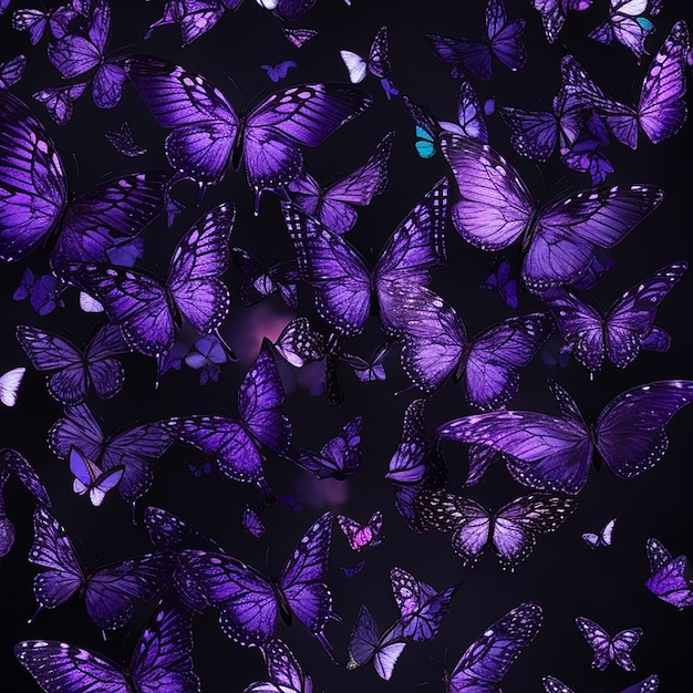 Stado motyli w kolorze fioletowym małe i duże czarne tło AI generowane sztuki