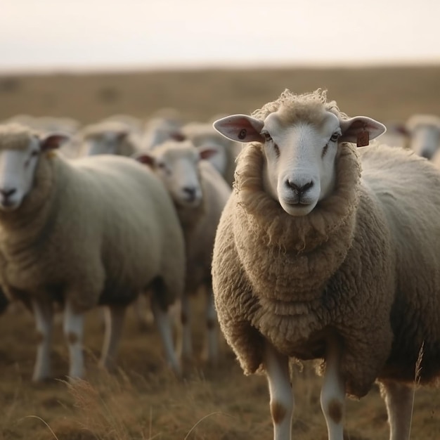 Stado owiec z jednym z nich patrzącym w kamerę.