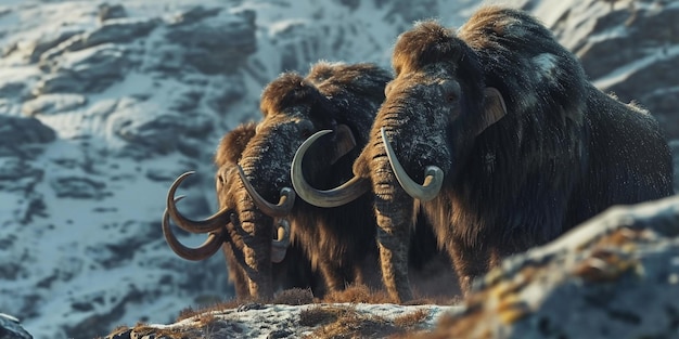 Stado prehistorycznych mamutów z epoki lodowcowej wędruje po arktycznej tundrze.