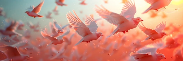 stado ptaków latających w powietrzu na różowym tle