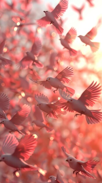 stado różowych ptaków latających w niebie