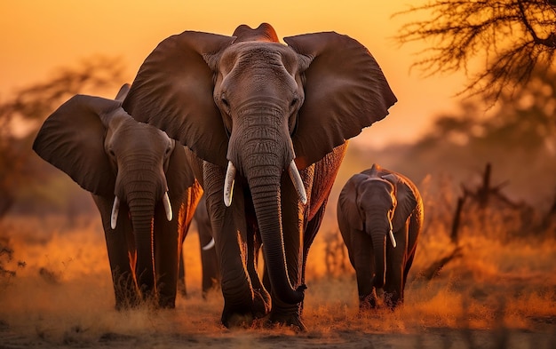 Stado słoni spacerujących po porośniętym trawą polu AI