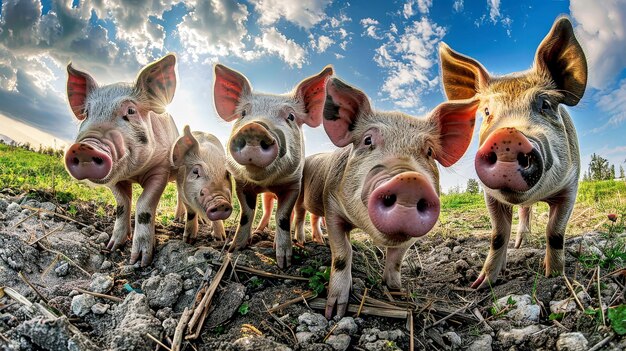 Stado świń stojących na szczycie suchego pola trawy