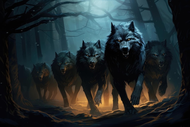 Stado wilków pod pełnią księżyca, wywołujące dzikiego i nieprzyzwyczajonego ducha natury, wygenerowanego przez sztuczną inteligencję.