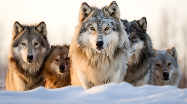 Stado wilków ustawia się w szeregu na śniegu.