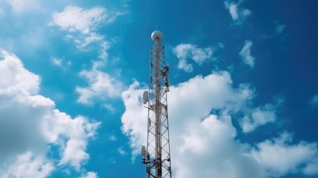 Stalowa wieża komunikacyjna z różnymi antenami na chmurowym niebie
