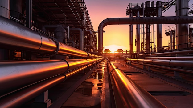 Stalowe długie rury w fabryce ropy naftowej podczas zachodu słońca Generative Ai