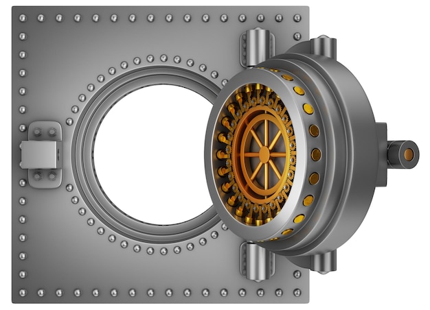 Stalowy sejf bankowy z otwartymi, mocnymi, okrągłymi drzwiami. renderowania 3D.
