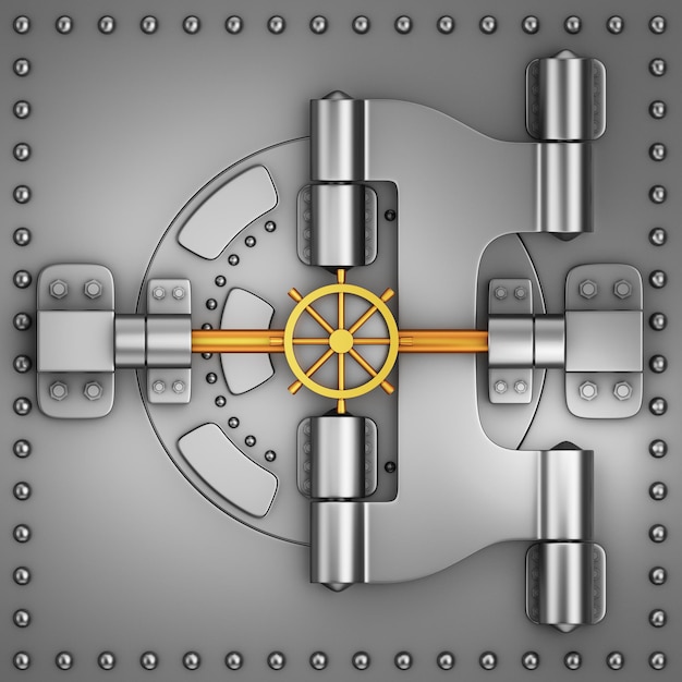 Stalowy sejf bankowy z solidnymi okrągłymi drzwiami. renderowania 3D.