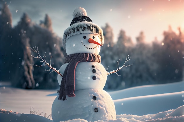 Stały Snowman w krajobrazie Winter Christmas Śnieg tła z wolnego miejsca na tekst