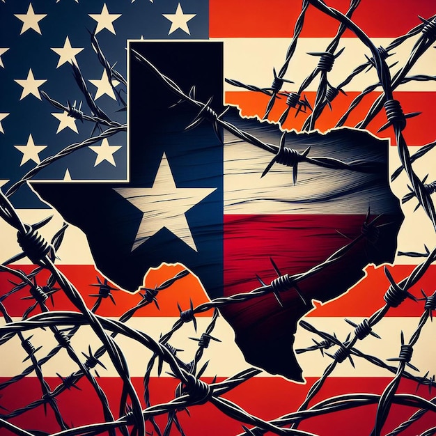 Stan Teksas z drutem kolczastym na tle amerykańskiej flagi Koncepcja kryzysu granicznego
