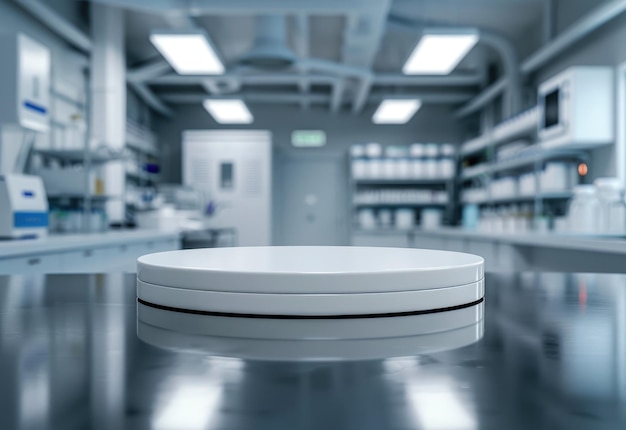 Stand medycyny farmakologicznej model pustego podium na stole z banerem i przestrzenią do kopiowania prezentującą badania i innowacje w dziedzinie produktów farmaceutycznych w przemyśle opieki zdrowotnej