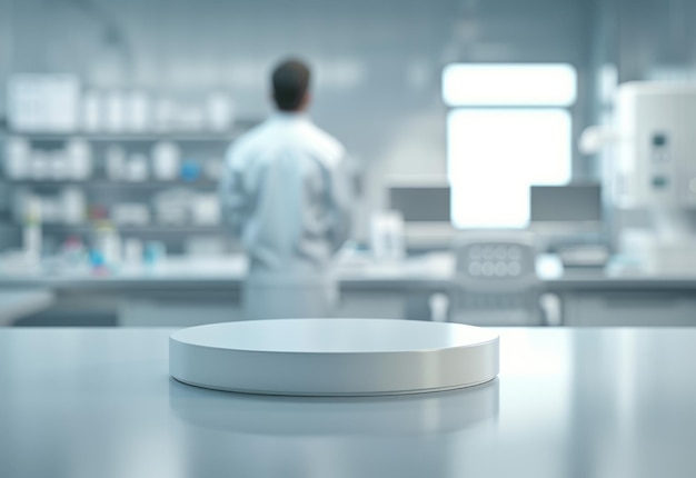 Stand medycyny farmakologicznej model pustego podium na stole z banerem i przestrzenią do kopiowania prezentującą badania i innowacje w dziedzinie produktów farmaceutycznych w przemyśle opieki zdrowotnej