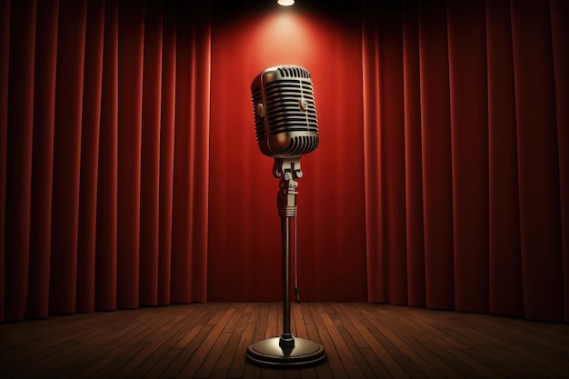 Zdjęcie stand-up scena komediowa z czerwoną kurtyną mikrofonu i oświetleniem ai