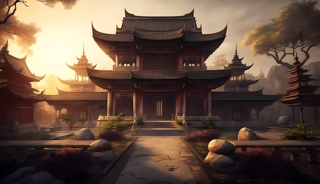 Stara azjatycka świątynia o zachodzie słońca starożytna architektura orientalna generatywna sztuczna inteligencja