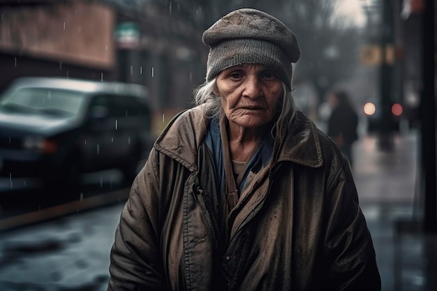 Stara bezdomna kobieta w deszczowy dzień wygenerowana przez sztuczną inteligencję
