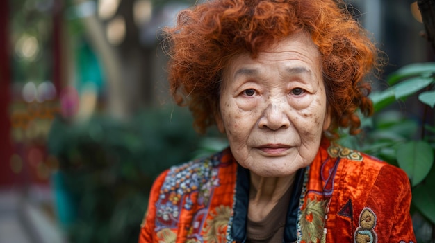 Stara chińska kobieta z czerwonymi kręconymi włosami w stylu lat 90.