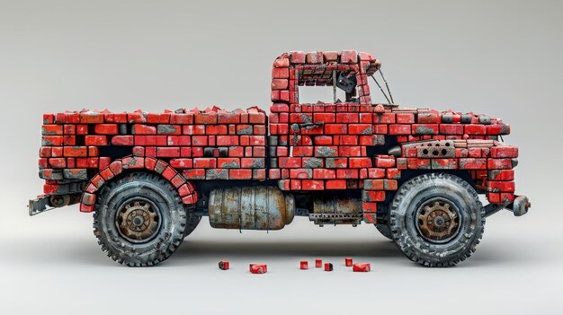 Stara ciężarówka wykonana z gruzów budowlanych stoi na białym tle ilustracja 3D