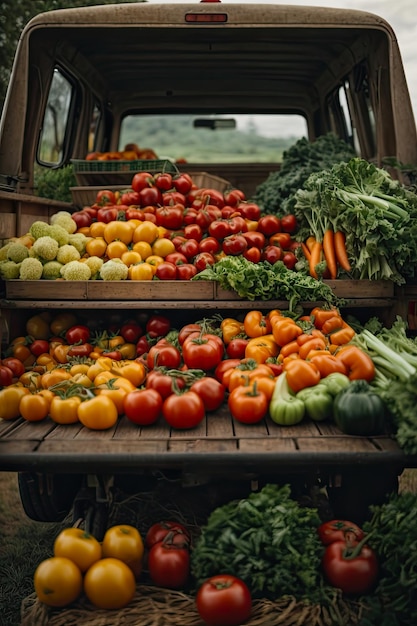 Zdjęcie stara ciężarówka z jesiennym zbiorem warzyw i zioł na plantacji festiwal zbiorów rynek przy drodze sprzedający naturalne produkty rolne przyjazne dla środowiska generowane przez sztuczną inteligencję
