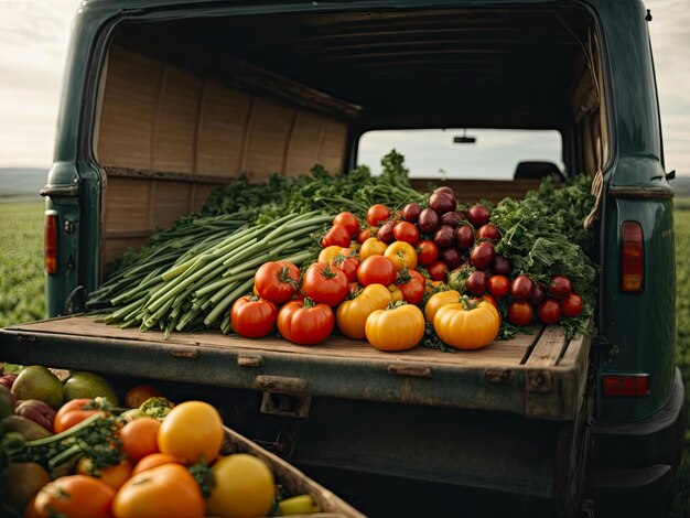 Zdjęcie stara ciężarówka z jesiennym zbiorem warzyw i zioł na plantacji festiwal zbiorów rynek przy drodze sprzedający naturalne produkty rolne przyjazne dla środowiska generowane przez sztuczną inteligencję