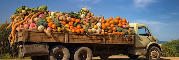 Stara ciężarówka z jesiennym zbiorem warzyw i zioł na plantacji festiwal zbiorów rynek przy drodze sprzedający naturalne produkty rolne przyjazne dla środowiska generowane przez sztuczną inteligencję