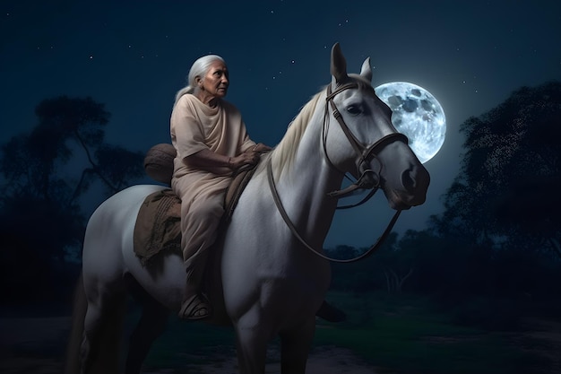 Stara dama jedzie na koniu w indyjskiej dżungli pod pełnią księżyca