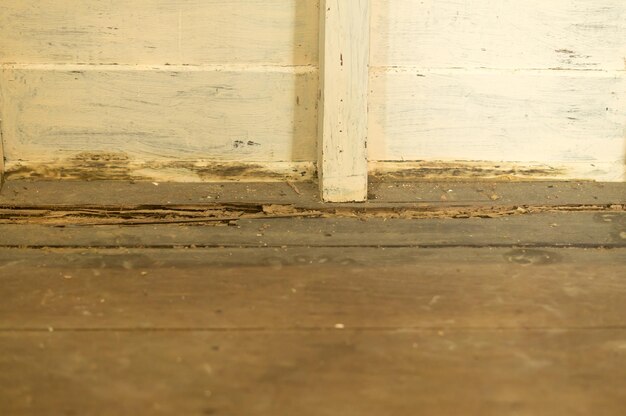 Stara drewniana podłoga i pokój w opuszczonym starym domu zniszczonym przez koncepcję tekstury tła termitów