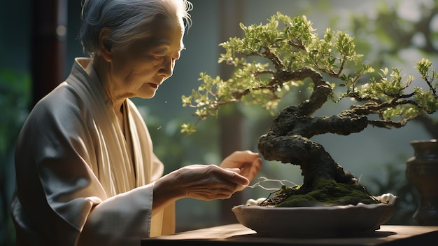Zdjęcie stara japońska kobieta przycina delikatne drzewo bonsai