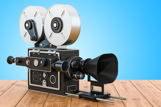 Stara kamera filmowa na drewnianym stole renderowania 3D