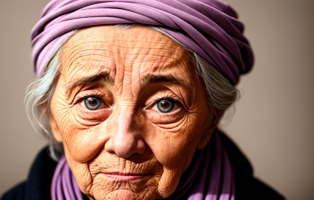 Stara kobieta o siwych włosach patrząca w kamerę z poważnym wyrazem twarzy Generacyjna sztuczna inteligencja