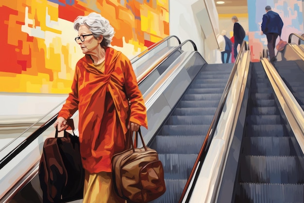 Stara kobieta ruchomych schodów bagażowych Pociąg wakacyjny Generate Ai