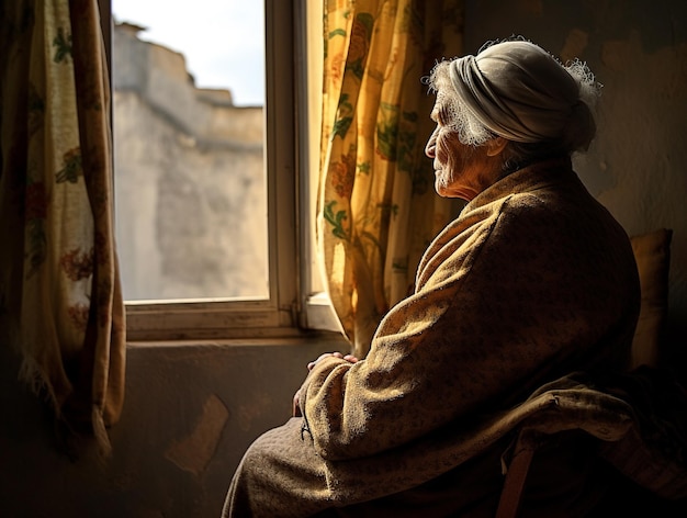 Stara kobieta siedząca w pokoju i patrząca przez okno wygenerowana przez sztuczną inteligencję