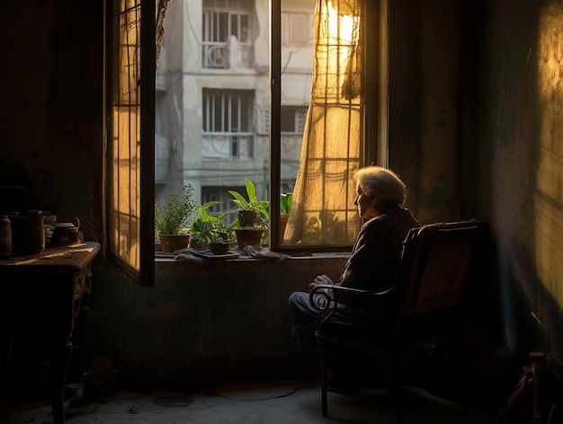 Stara kobieta siedząca w pokoju i patrząca przez okno wygenerowana przez sztuczną inteligencję