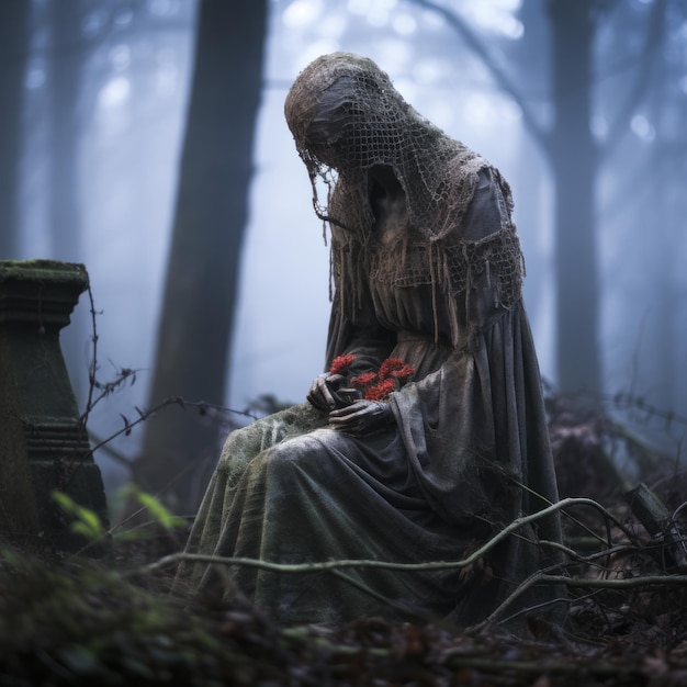 stara kobieta siedzi na nagrobku w lesie