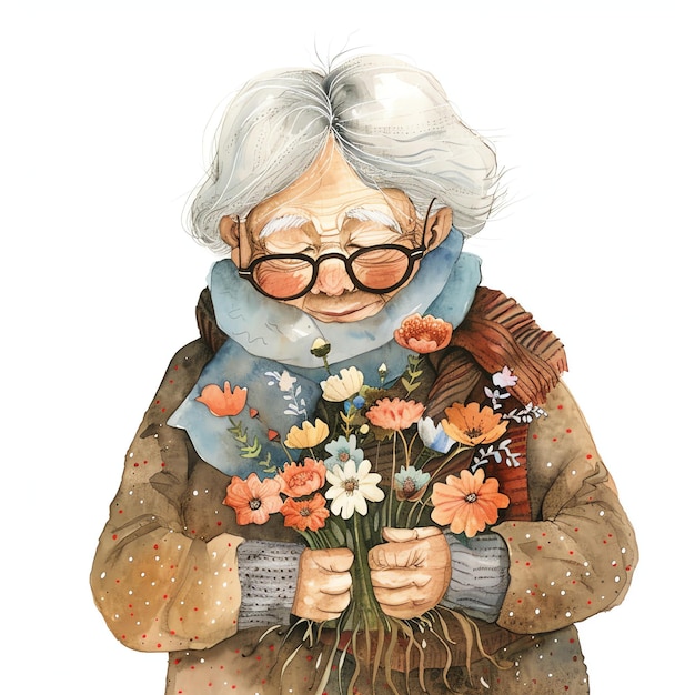 Stara kobieta trzymająca kwiaty w domku. Proste życie.